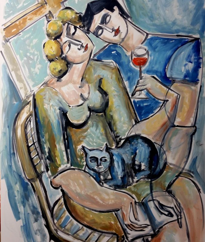 Lovers with wine and cat by Yuroz
