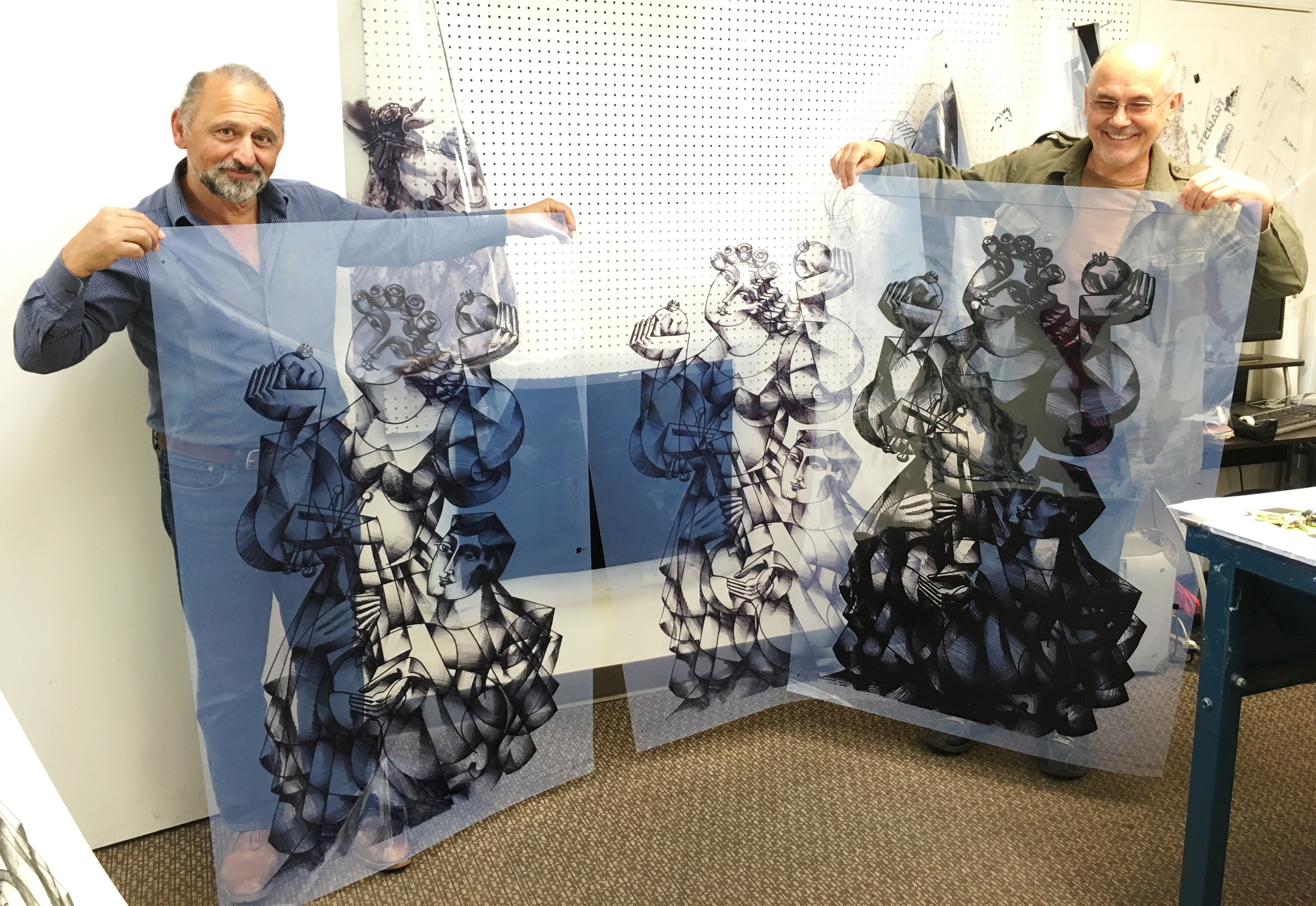 Yuroz with master printer at Kolibri Studios to check on the serigraphs