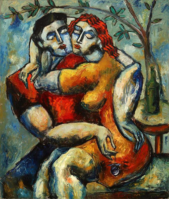 Lovers Under the Tree by Yuroz, Romantic Impasto Collection, Oil on Canvas 55" x 45" (139.7 cm x 114.3 cm) (c) Yuroz, courtesy Moso Art Gallery